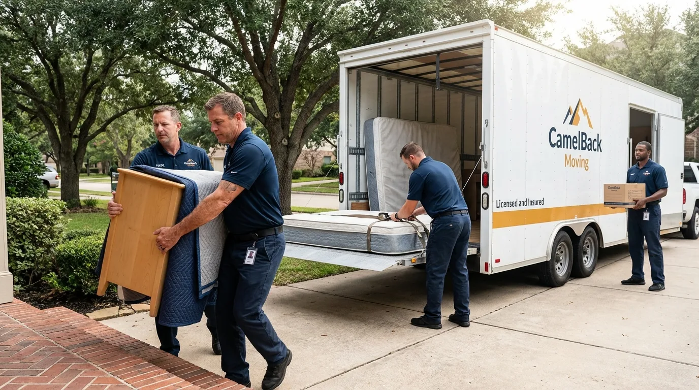 Crew loading residential truck for cross-state move from Flatonia, TX