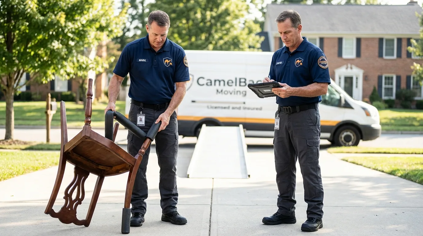 Movers inspecting furniture for damage prevention before loading in Flatonia, TX