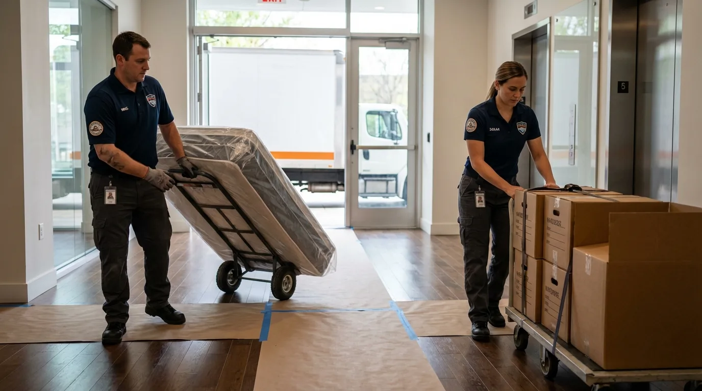 Professional apartment movers loading elevator in Flatonia, TX