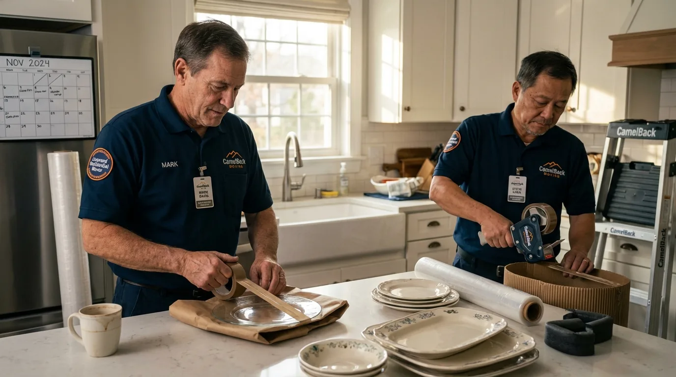 Professional crew packing kitchen dishware in Flatonia, TX